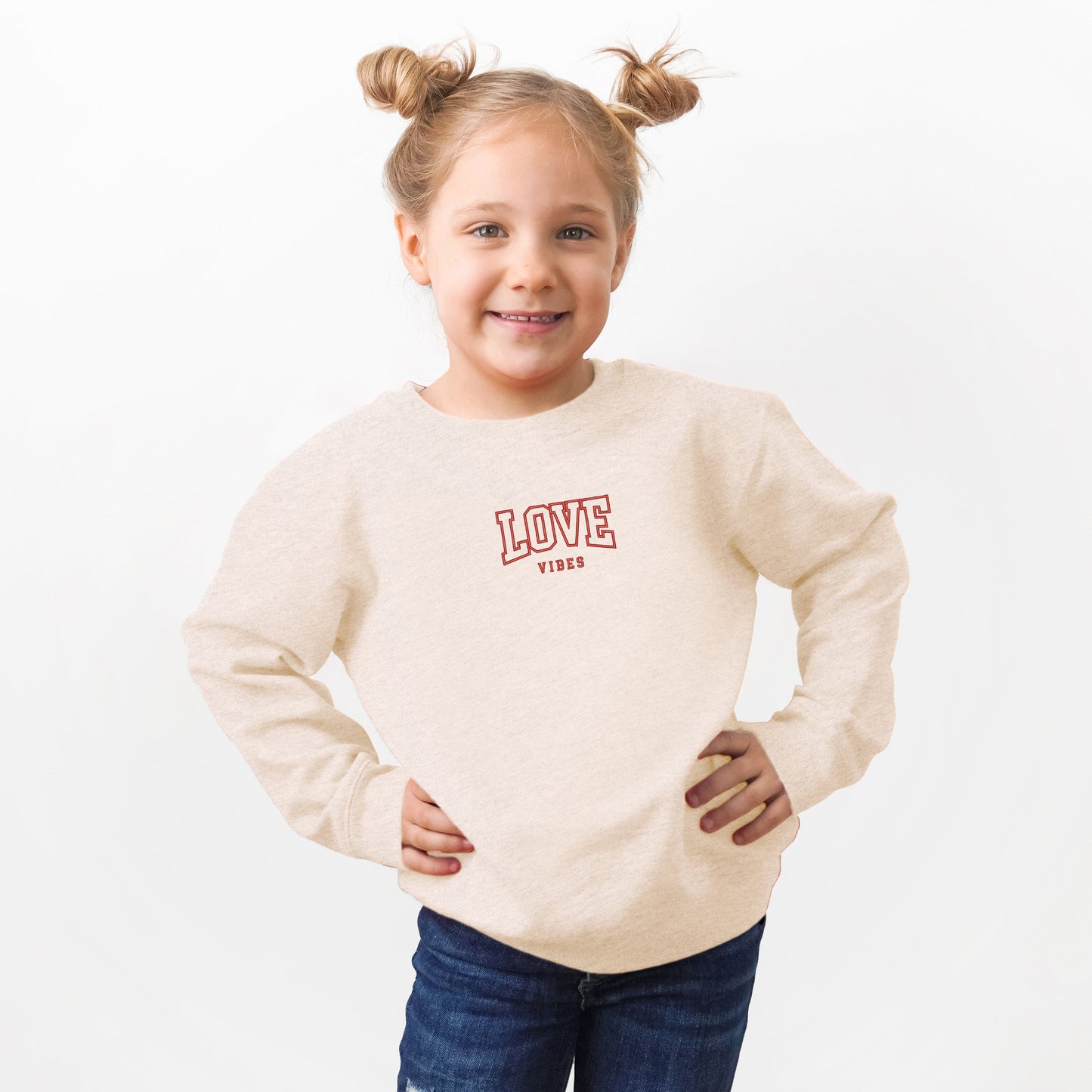 Embroidered Varsity Love Vibes | Youth Ultra-Soft Graphic Sweatshirt