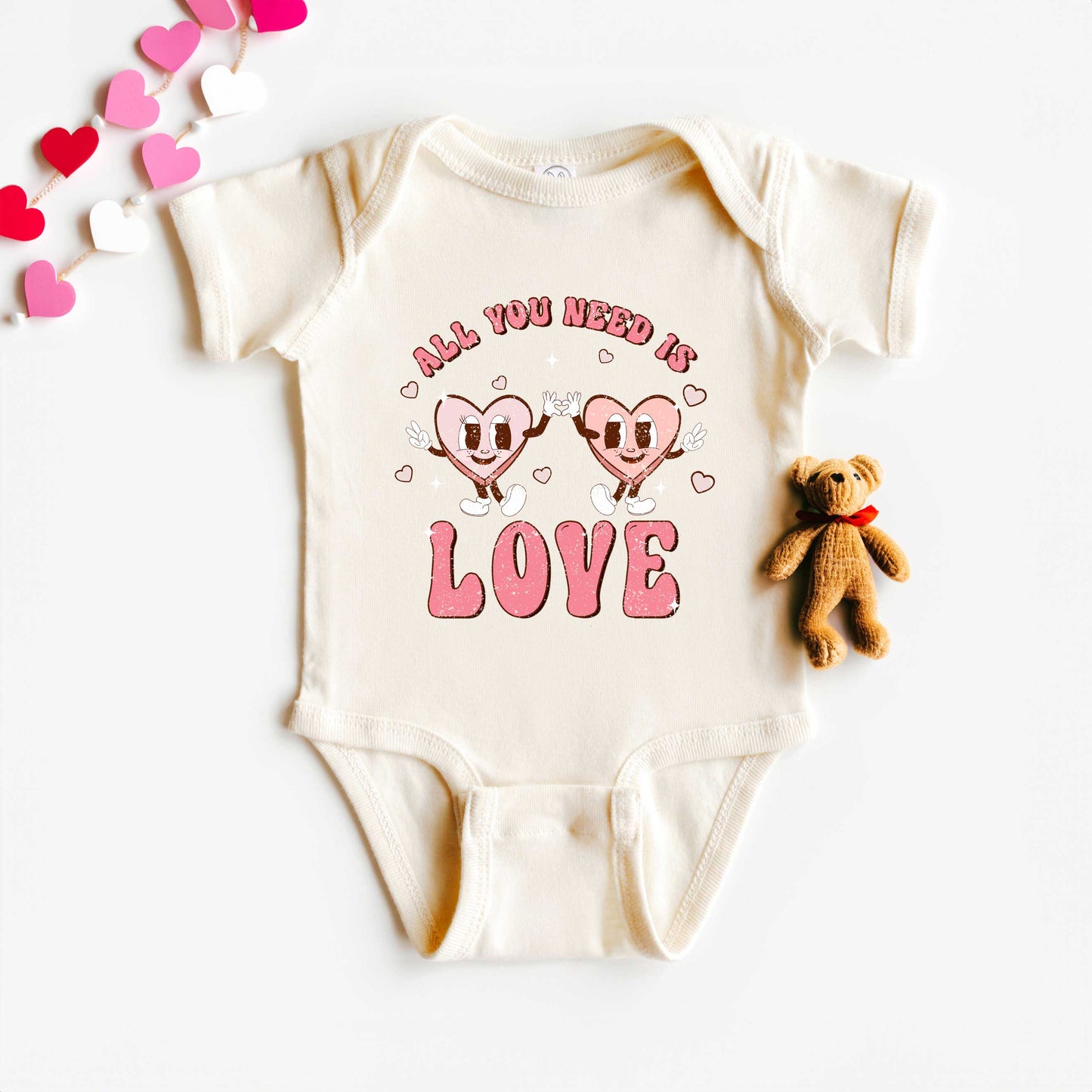 Retro All You Need Is Love Hearts | Baby Graphic Short Sleeve Onesie