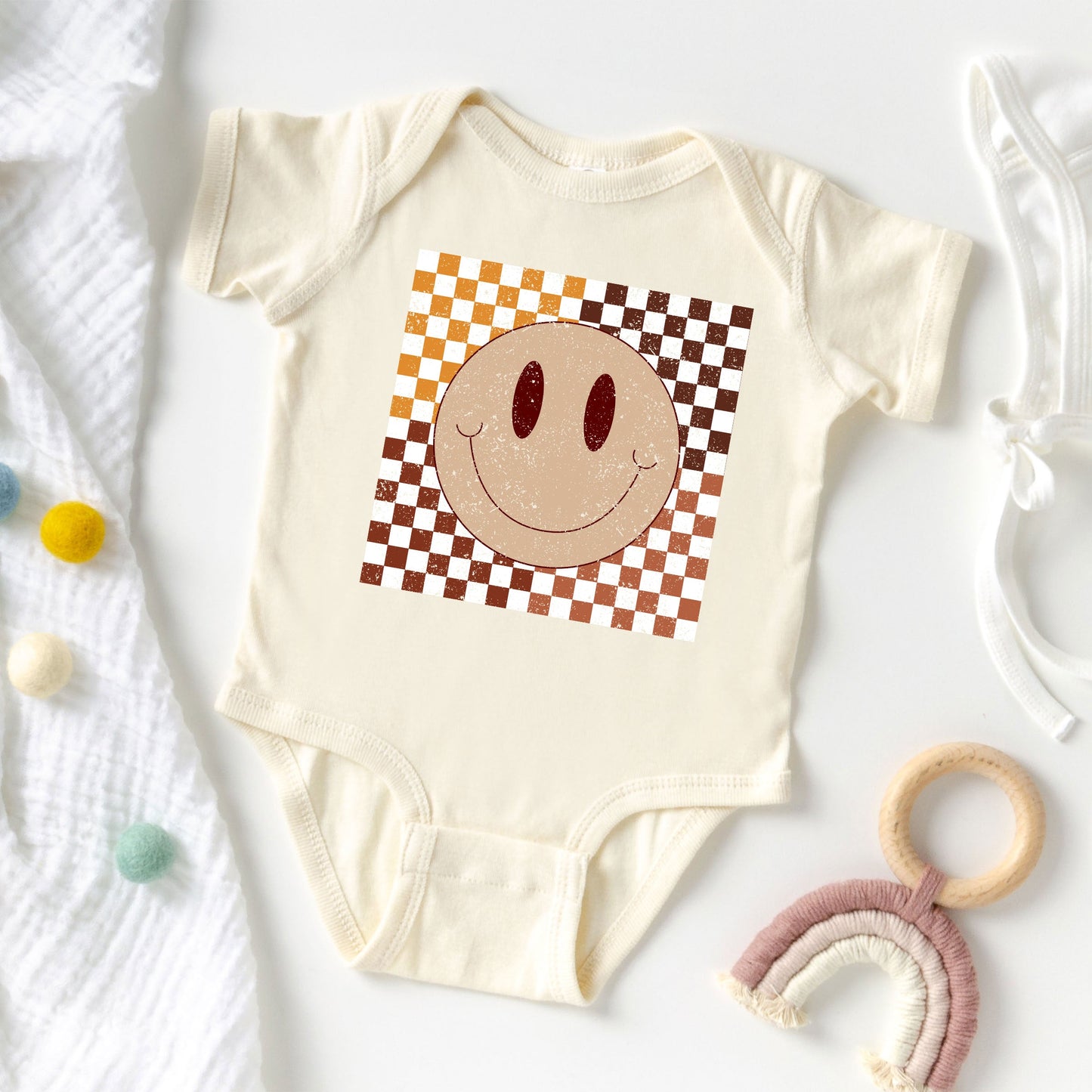 Fall Checkered Smiley | Baby Graphic Short Sleeve Onesie