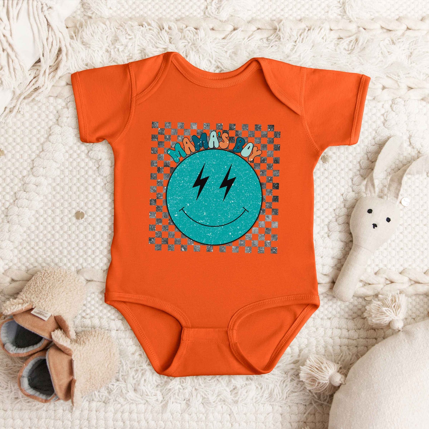 Mama's Boy Checkered Smiley Face | Baby Graphic Short Sleeve Onesie