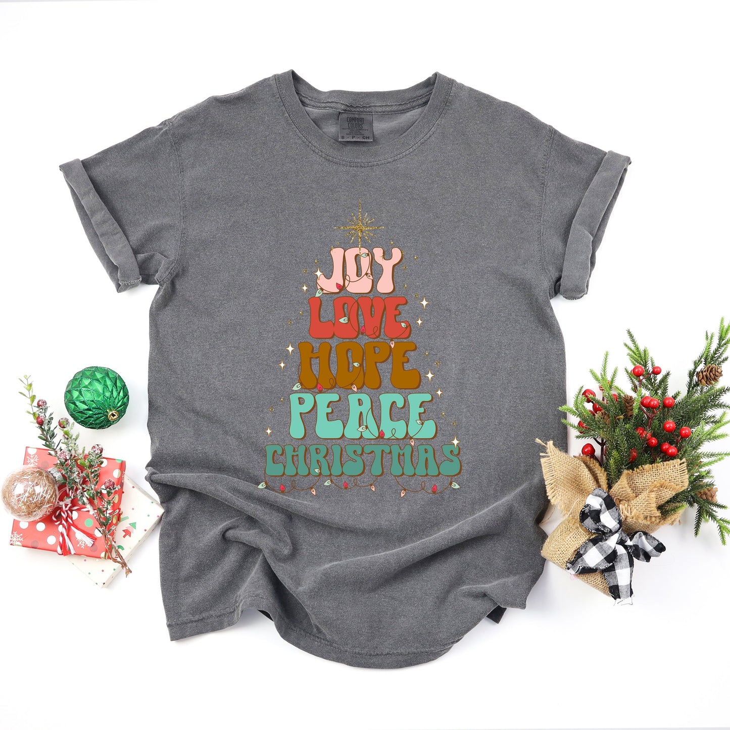 Joy Love Hope Peace Christmas Tree | Garment Dyed Tee