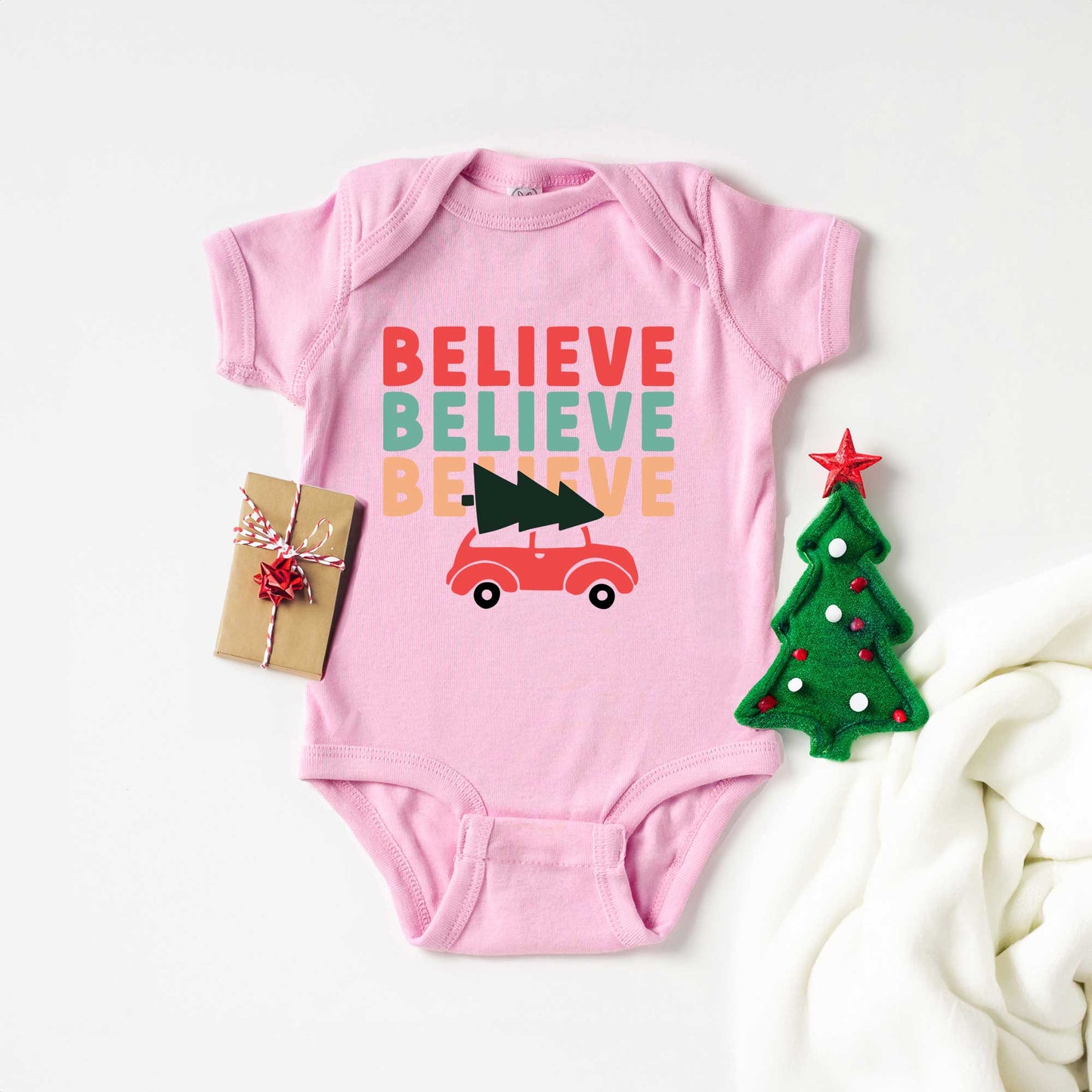 Believe Stacked Car | Baby Graphic Short Sleeve Onesie
