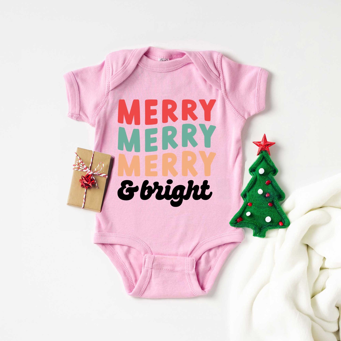 Merry And Bright Stacked | Baby Graphic Short Sleeve Onesie