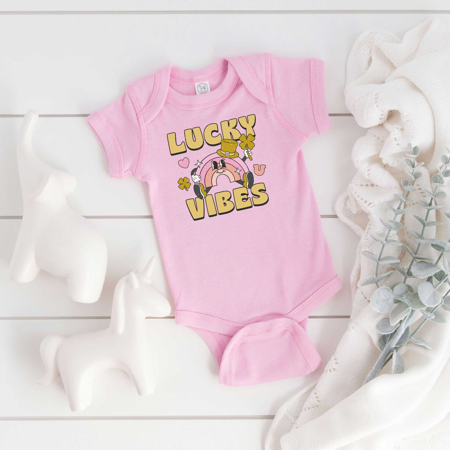 Lucky Vibes Cartoon Rainbow | Baby Graphic Short Sleeve Onesie