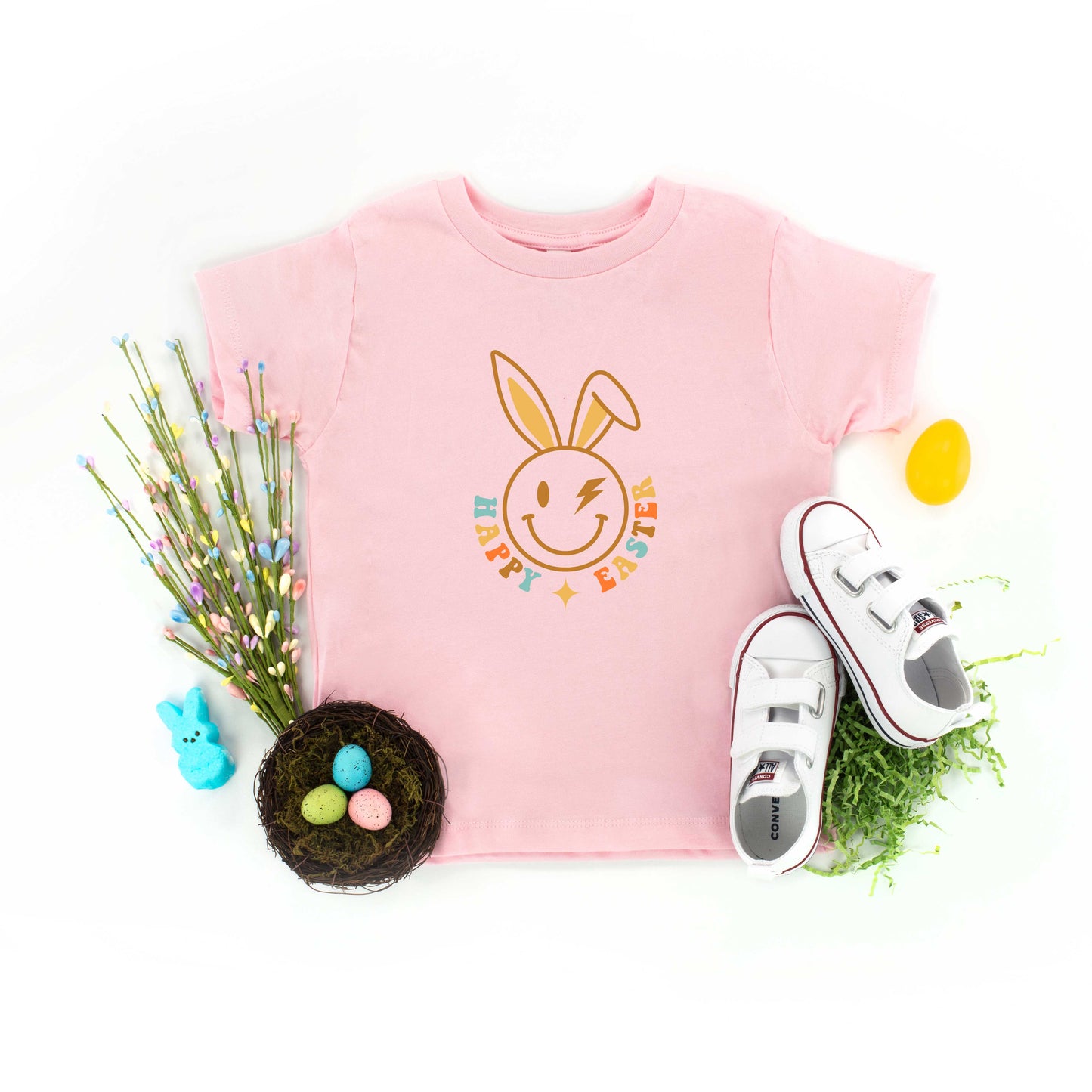 Happy Easter Smiley Lightning Bolt | Toddler Short Sleeve Crew Neck