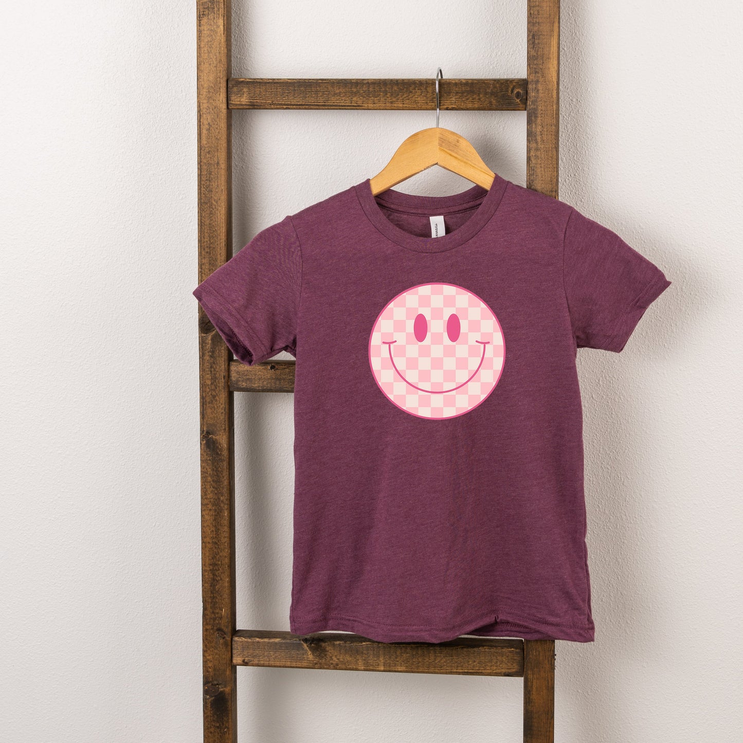 Pink Checker Smiley Face | Toddler Short Sleeve Crew Neck