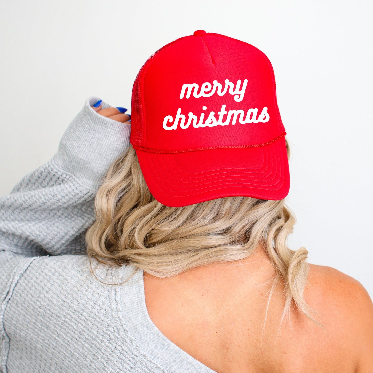 Merry Christmas Bold Cursive Words Puff Print |  Foam Trucker Hat