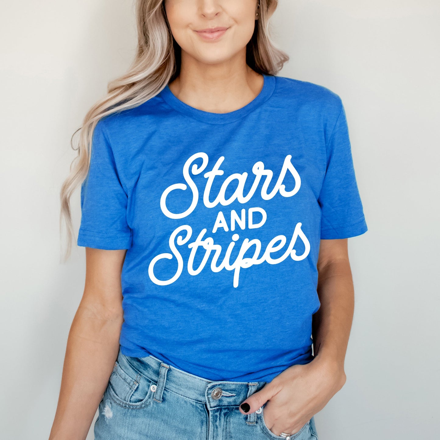 Stars and Stripes Slanted Cursive Puff Print | Short Sleeve Graphic Tee