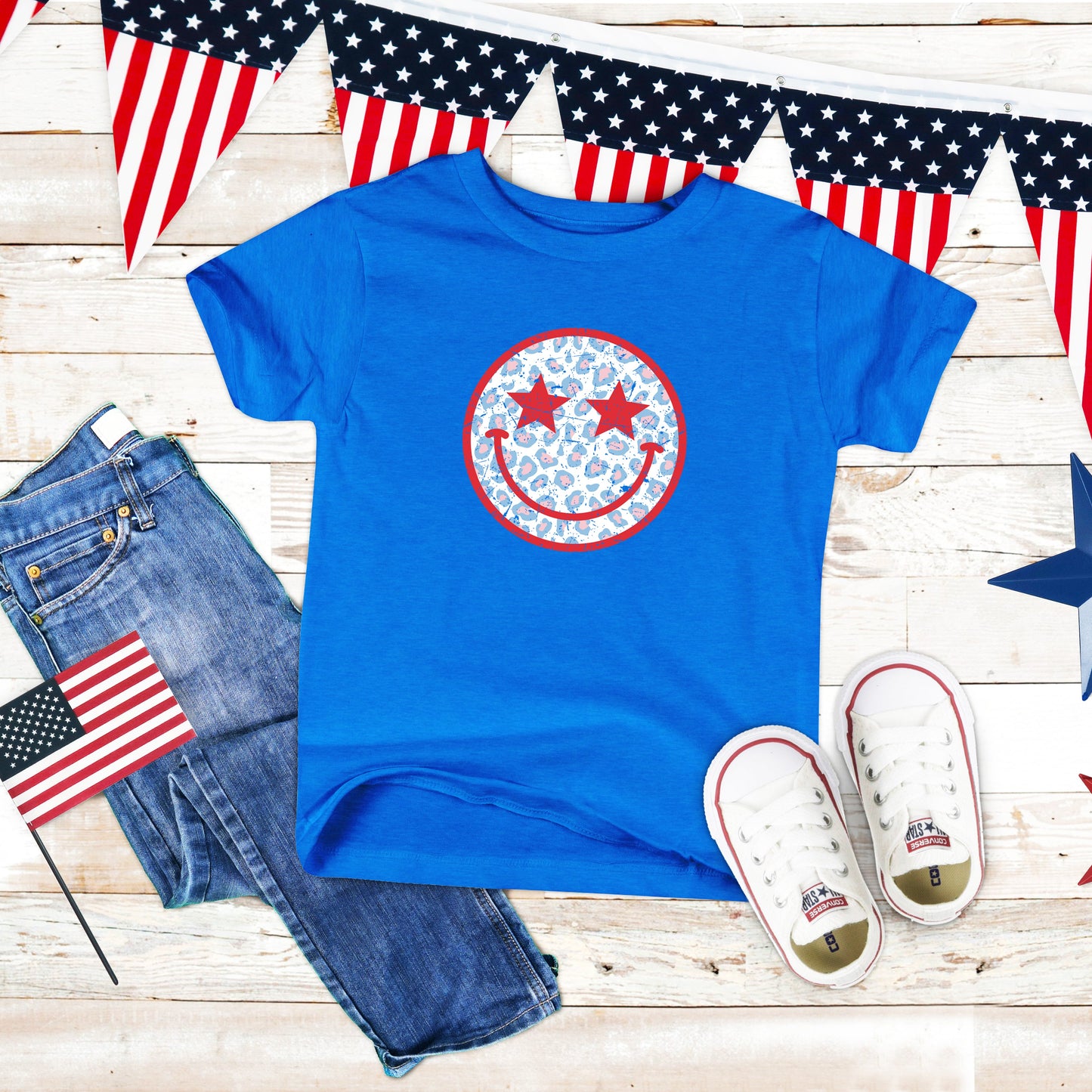 Leopard Patriotic Smiley Face | Toddler Short Sleeve Crew Neck