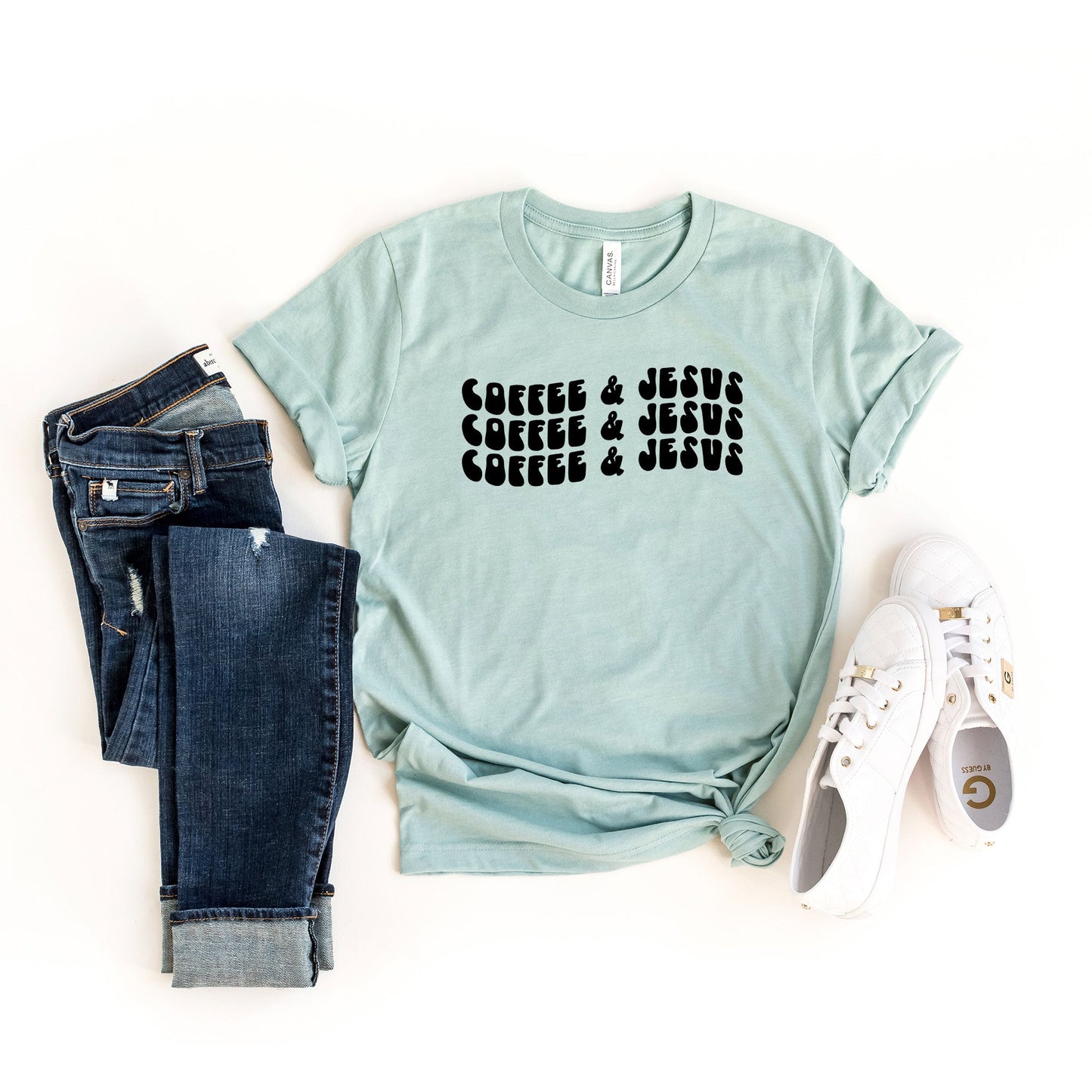 Coffee And Jesus Stacked Wavy | Short Sleeve Crew Neck