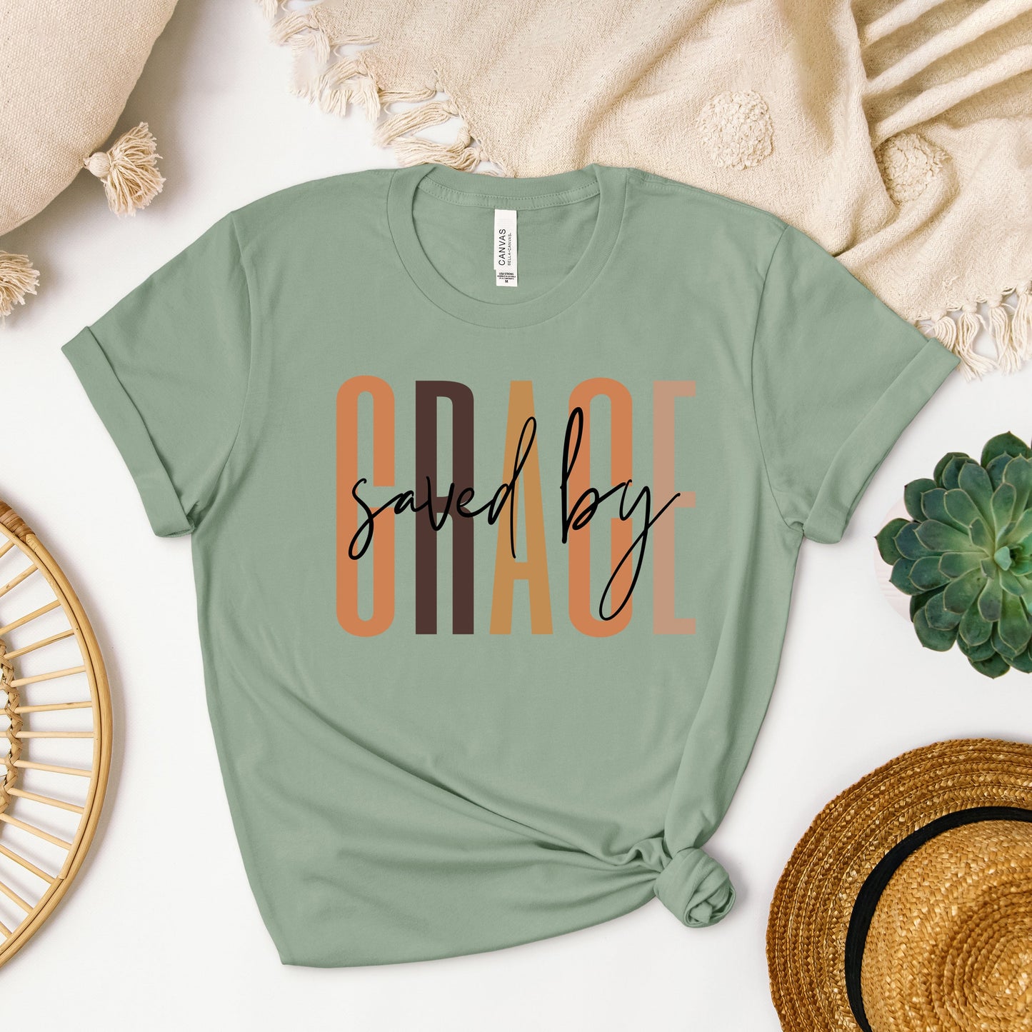 Saved By Grace Cursive | Short Sleeve Crew Neck