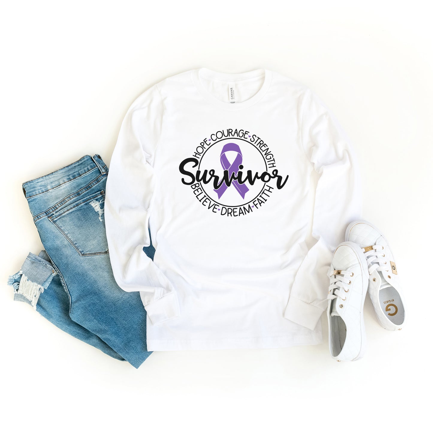 Breast Cancer Survivor Circle Words | Long Sleeve Crew Neck