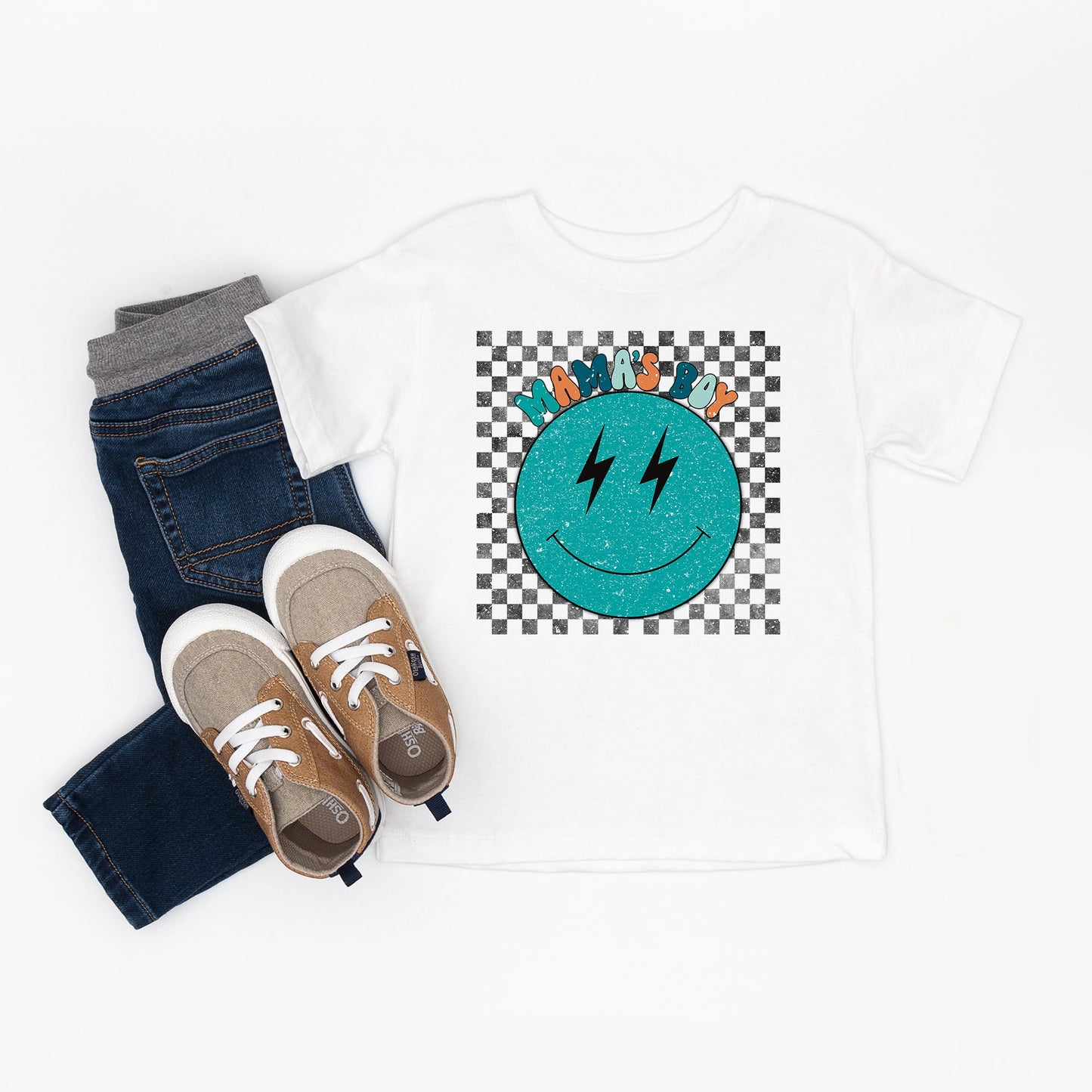 Mama's Boy Checkered Smiley Face | Toddler Short Sleeve Crew Neck