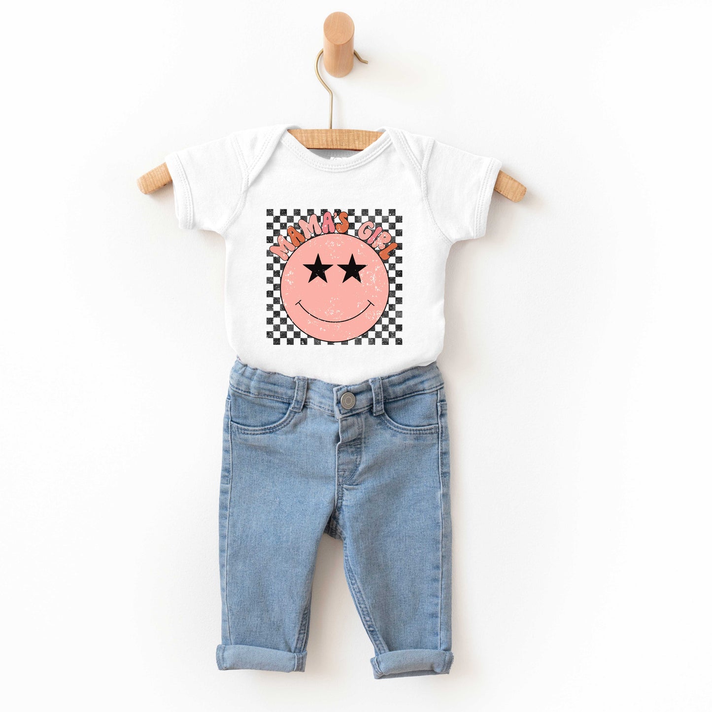 Mama's Girl Checkered Smiley Face | Baby Graphic Short Sleeve Onesie