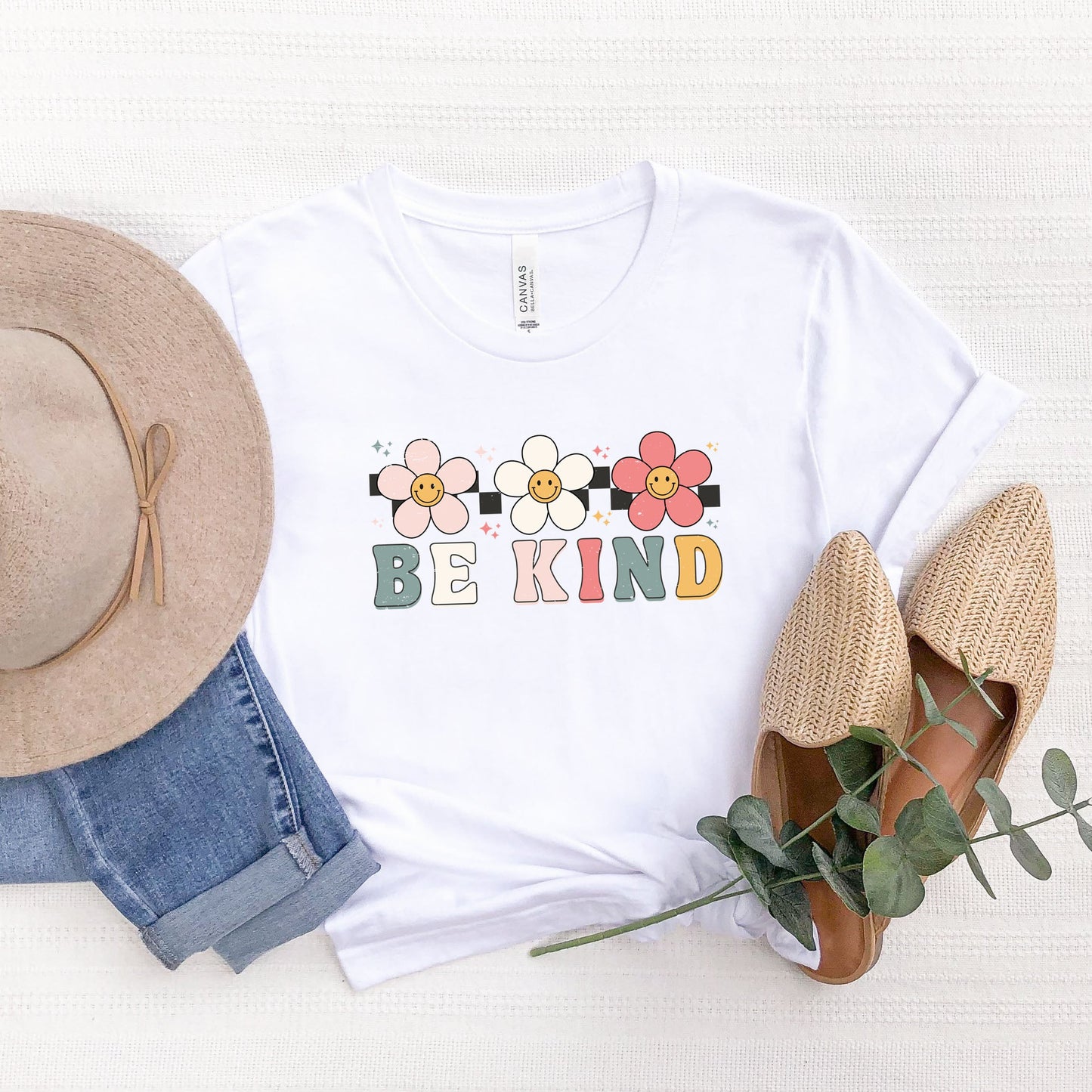 Be Kind Checkered Flowers | Short Sleeve Crew Neck