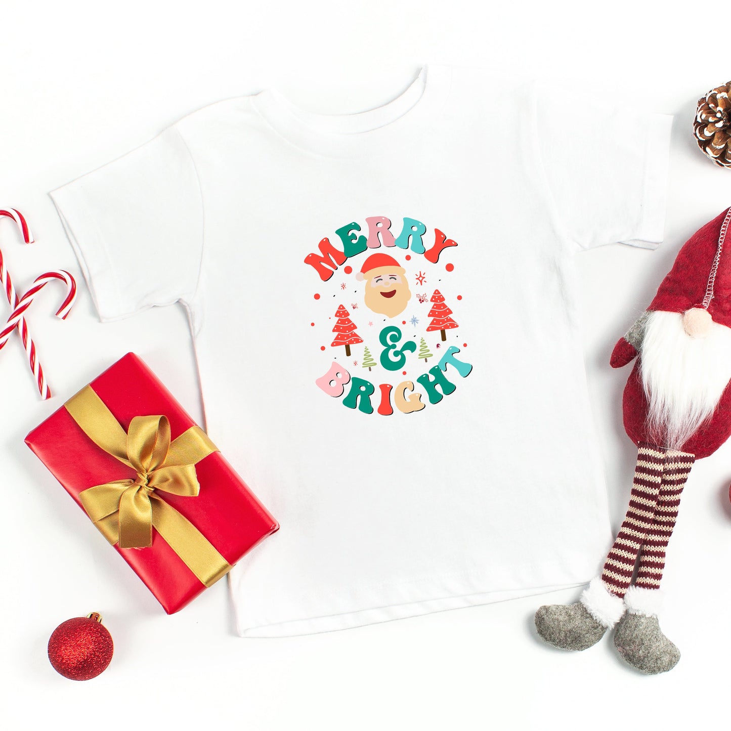 Retro Merry And Bright Santa | Toddler Short Sleeve Crew Neck