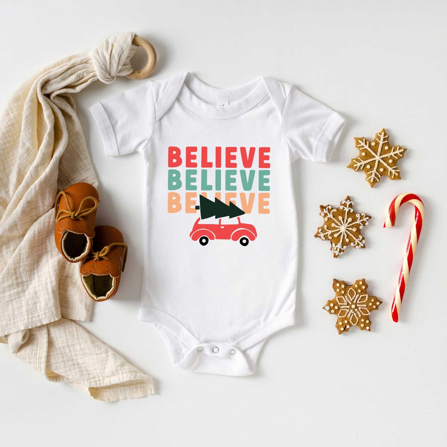 Believe Stacked Car | Baby Graphic Short Sleeve Onesie