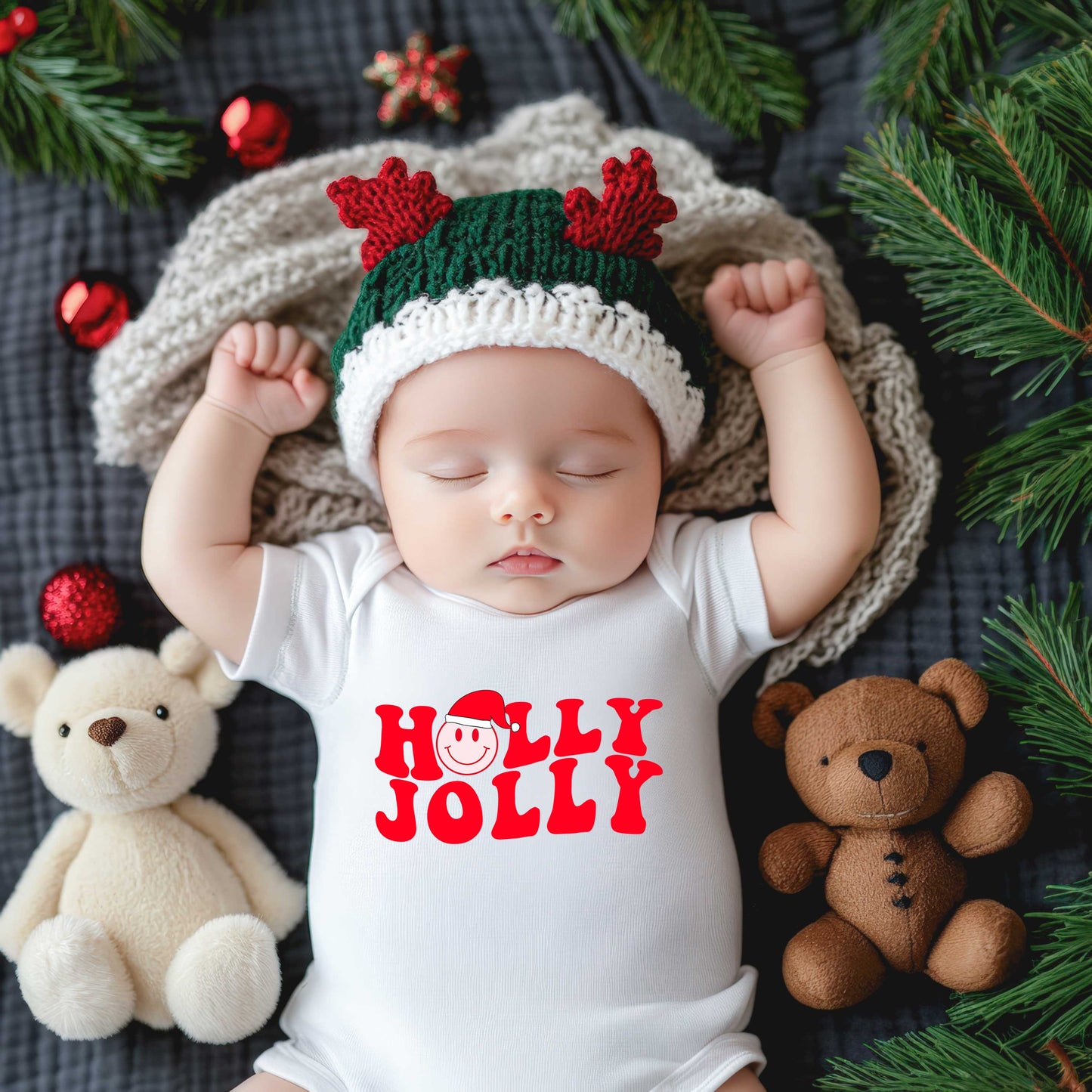 Holly Jolly Smiley Face | Baby Graphic Short Sleeve Onesie