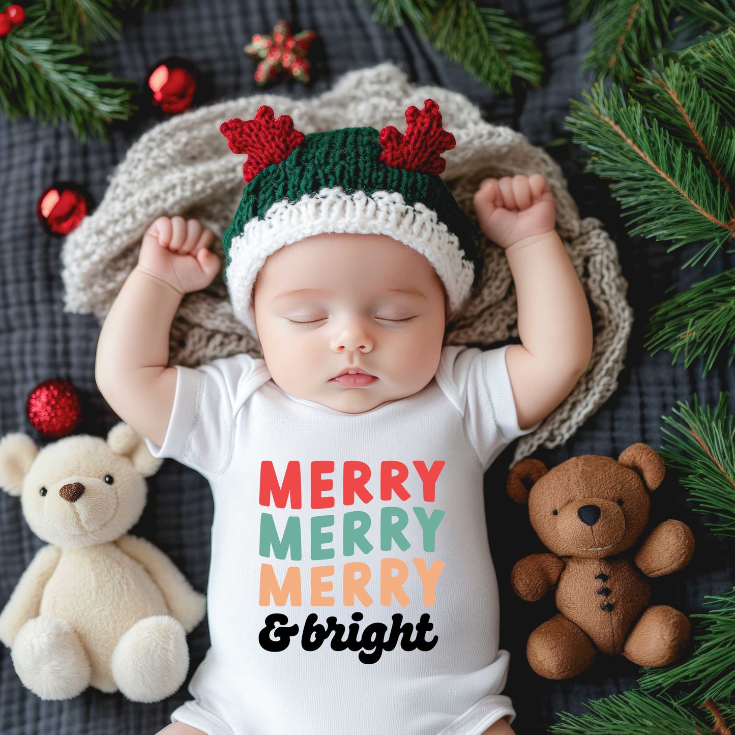 Merry And Bright Stacked | Baby Graphic Short Sleeve Onesie