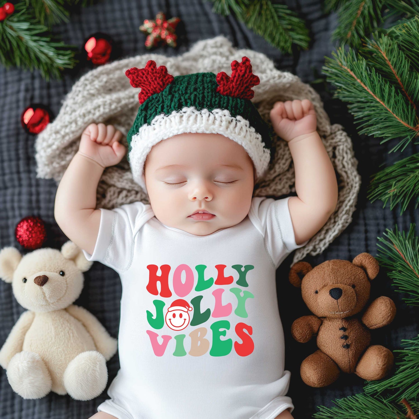 Holly Jolly Vibes Smile | Baby Graphic Short Sleeve Onesie