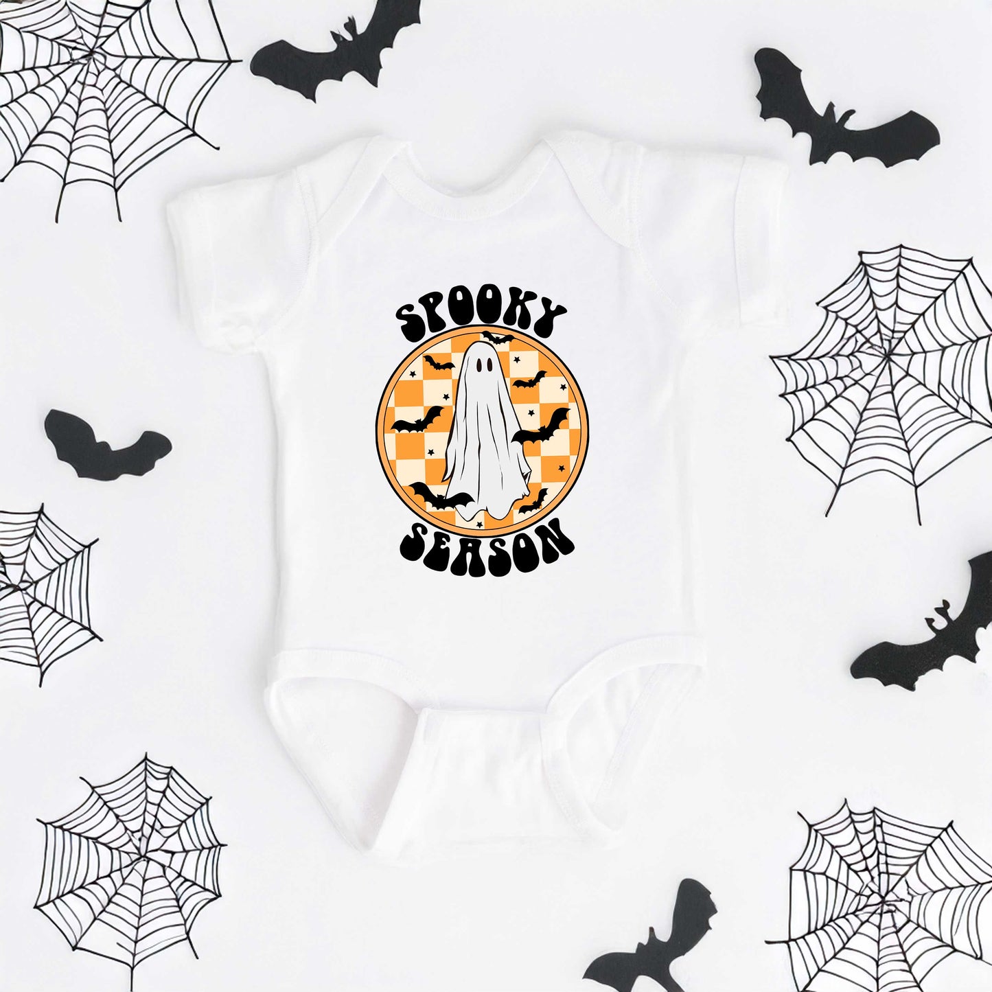Spooky Season Checkered Ghost | Baby Graphic Short Sleeve Onesie