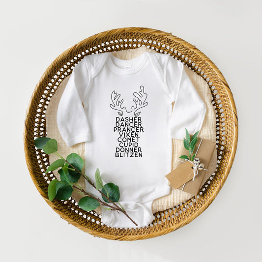 Reindeer Names Antlers | Baby Long Sleeve Onesie