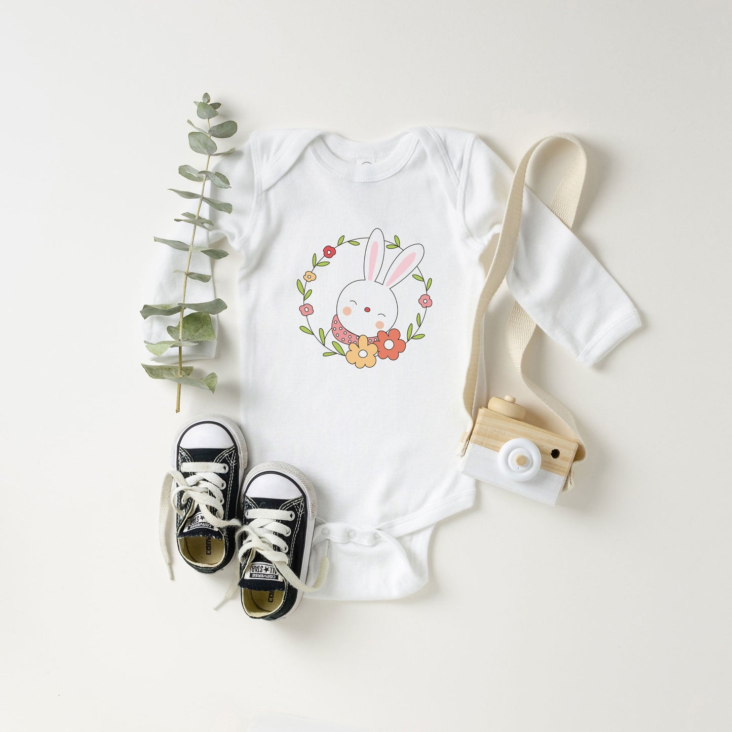 Easter Bunny Flower Wreath | Baby Long Sleeve Onesie
