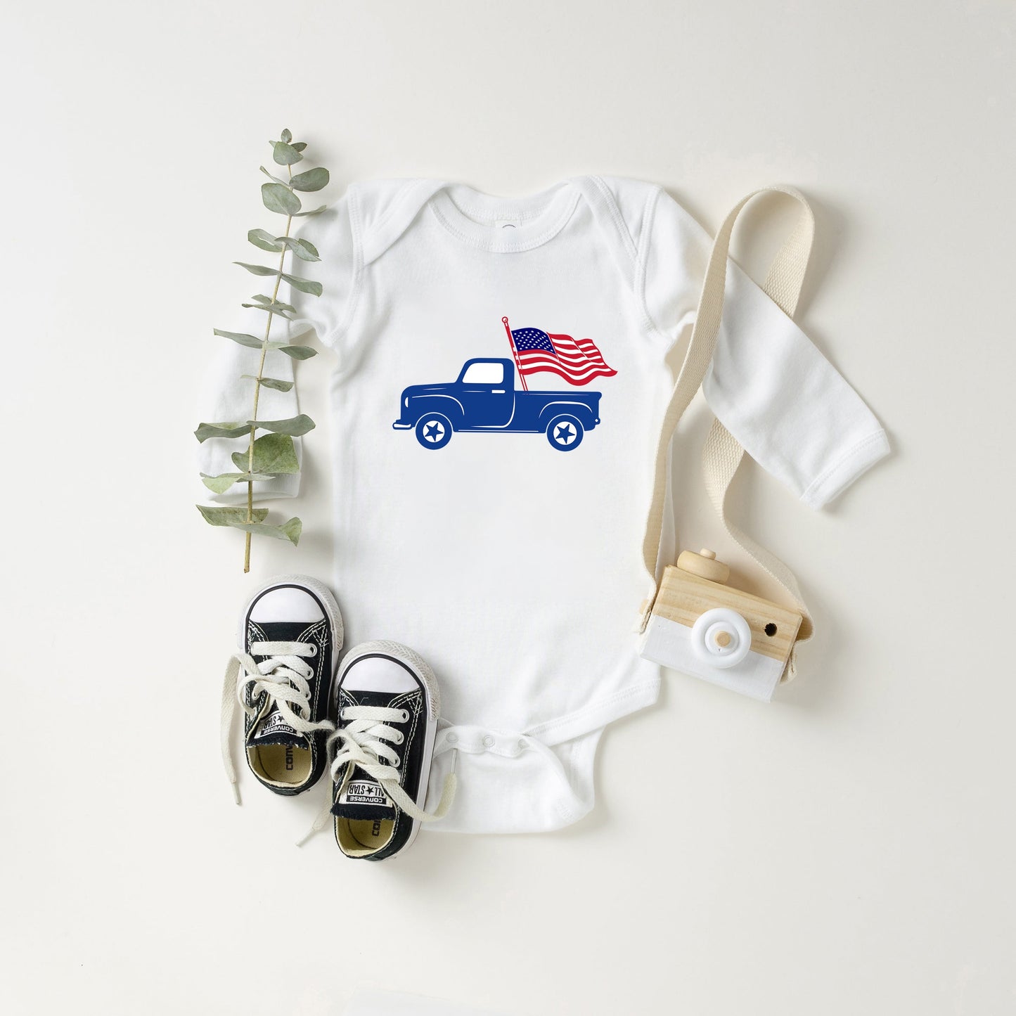 Truck With Flag | Baby Long Sleeve Onesie