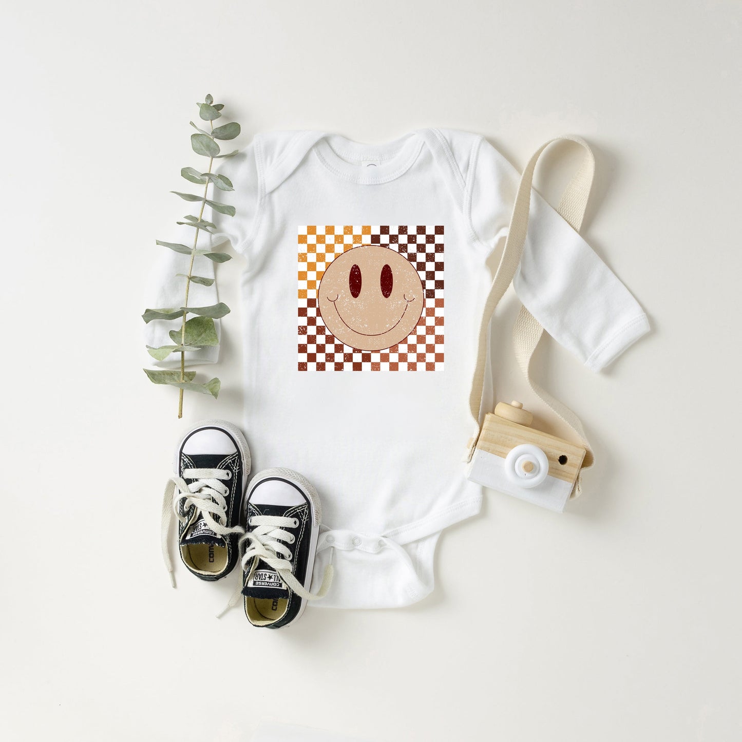 Fall Checkered Smiley | Baby Long Sleeve Onesie
