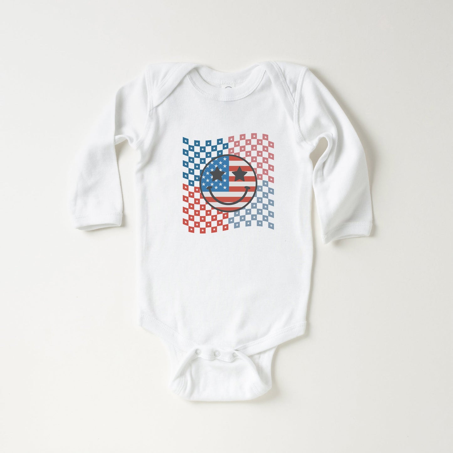 Checkered Patriotic Smiley Face | Baby Long Sleeve Onesie