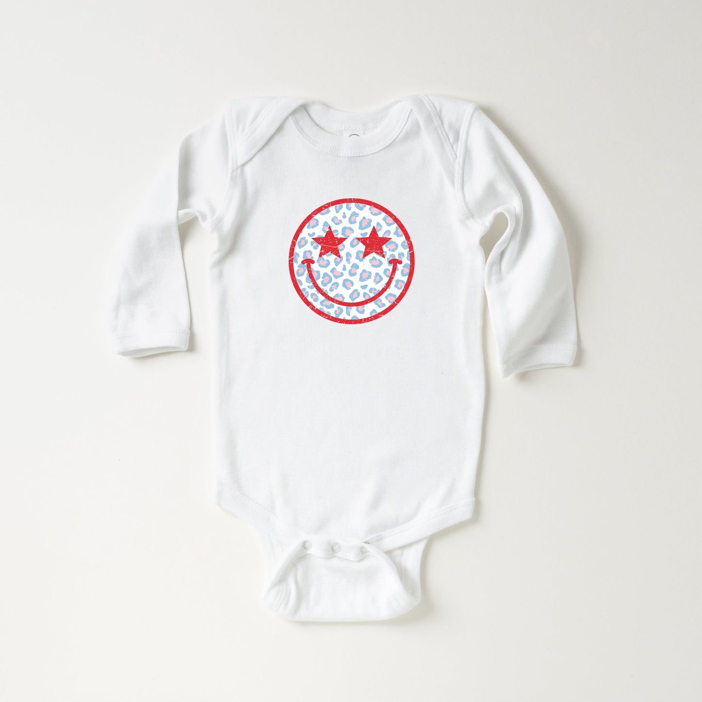 Leopard Patriotic Smiley Face | Baby Long Sleeve Onesie