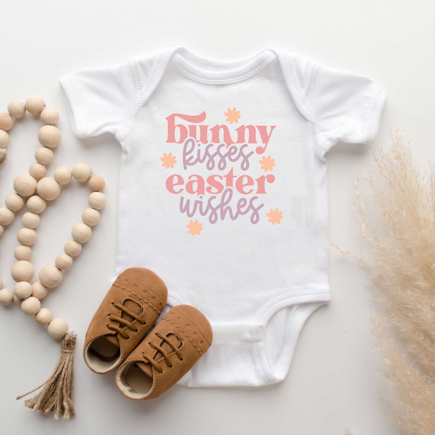 Bunny Kisses Easter Wishes Flowers | Baby Graphic Short Sleeve Onesie