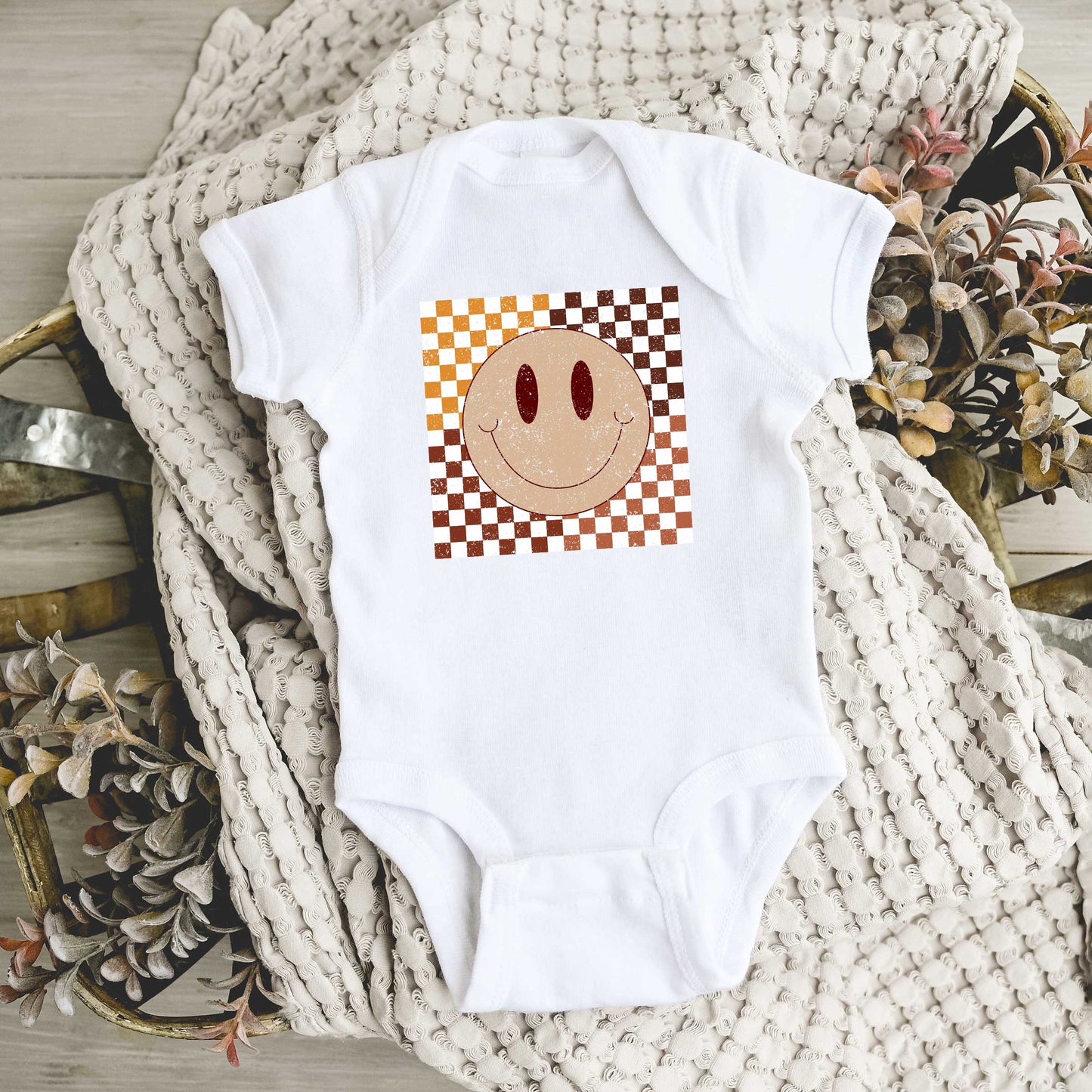 Fall Checkered Smiley | Baby Graphic Short Sleeve Onesie