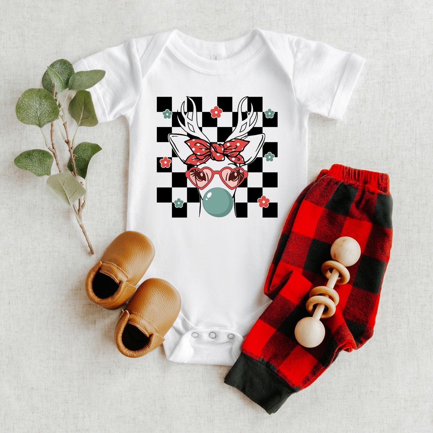 Checkered Reindeer | Baby Graphic Short Sleeve Onesie