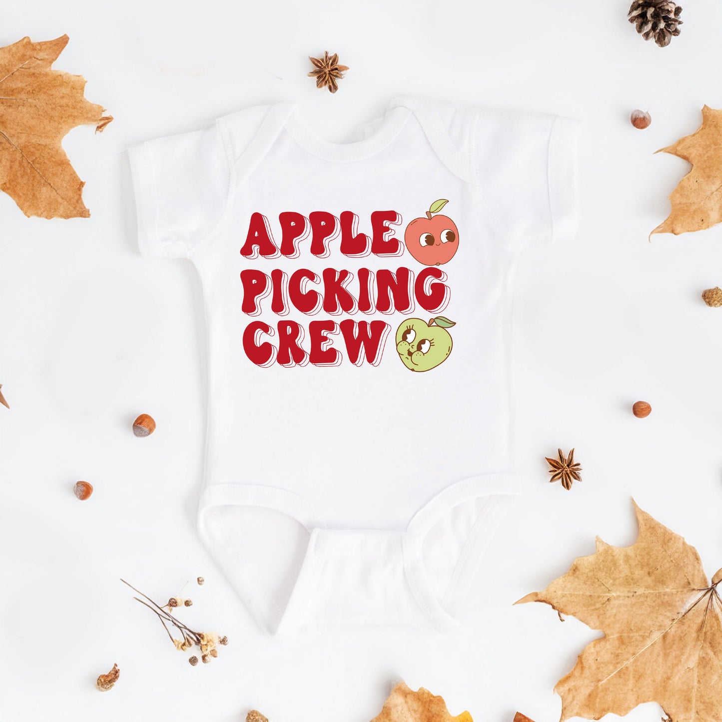 Cartoon Apple Picking Crew | Baby Graphic Short Sleeve Onesie