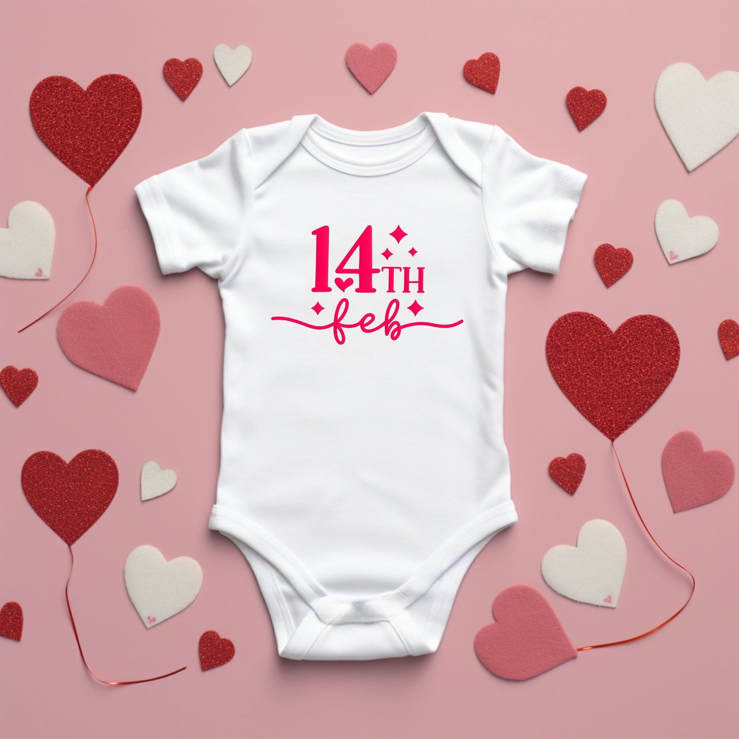 14th Feb Stars Puff Print | Baby Graphic Short Sleeve Onesie