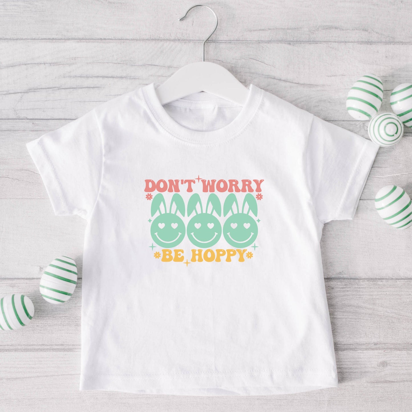 Don't Worry Be Hoppy Smiley Face With Ears | Toddler Short Sleeve Crew Neck