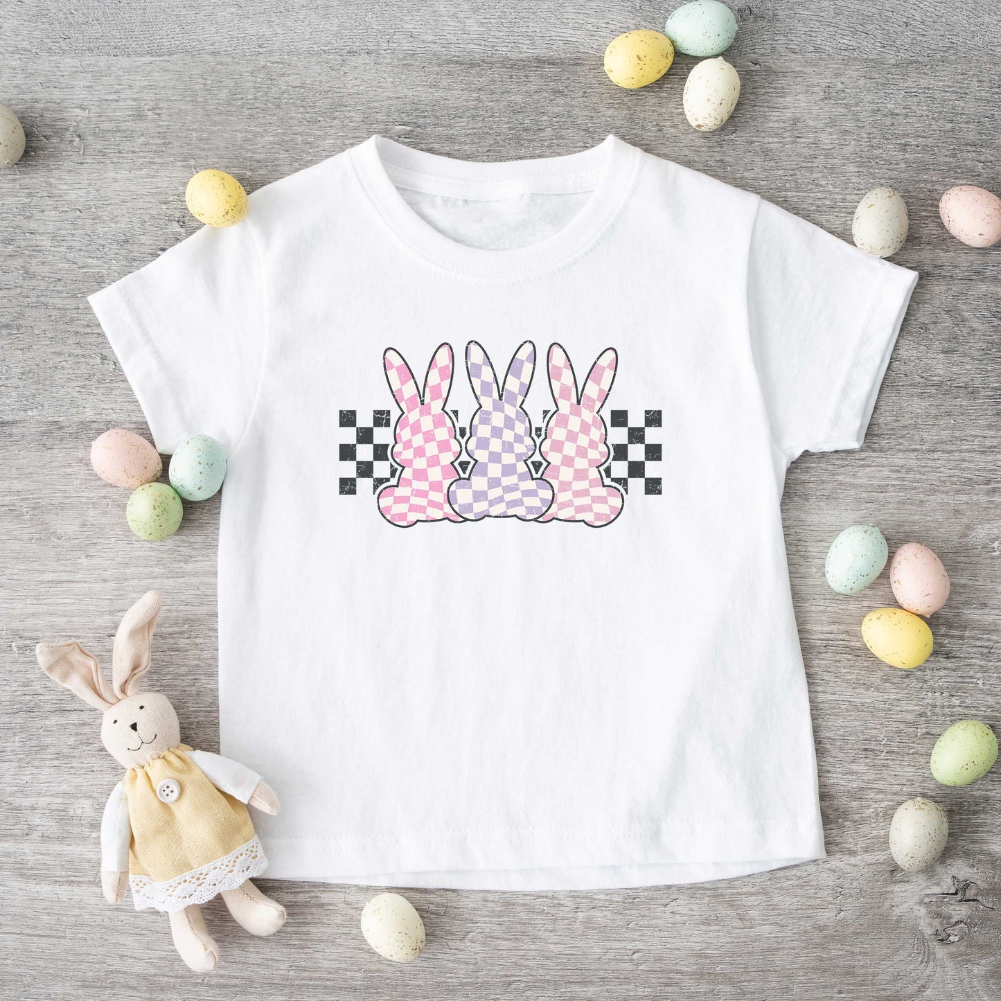 Checkered Triple Bunnies | Toddler Short Sleeve Crew Neck