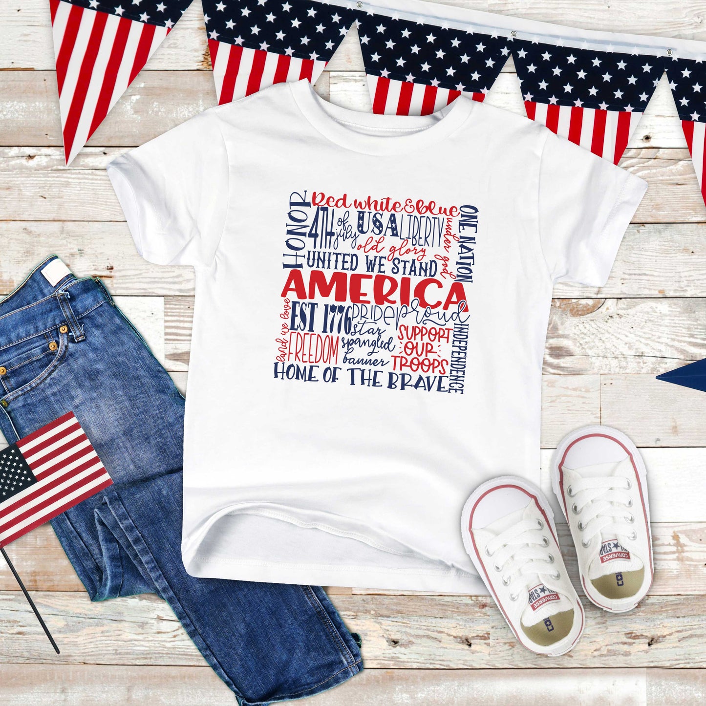 America Words Colorful | Toddler Short Sleeve Crew Neck