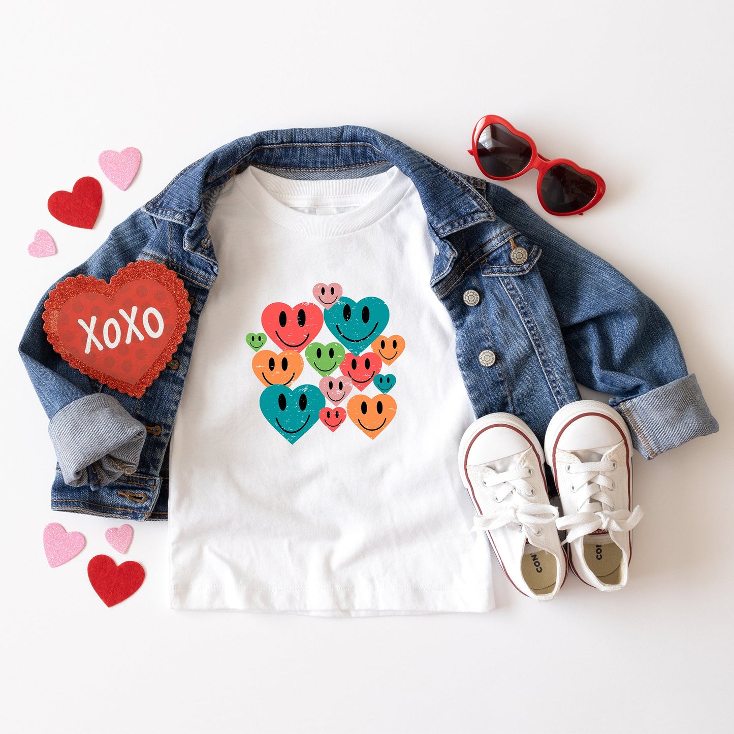 Distressed Smiley Hearts | Youth Short Sleeve Crew Neck