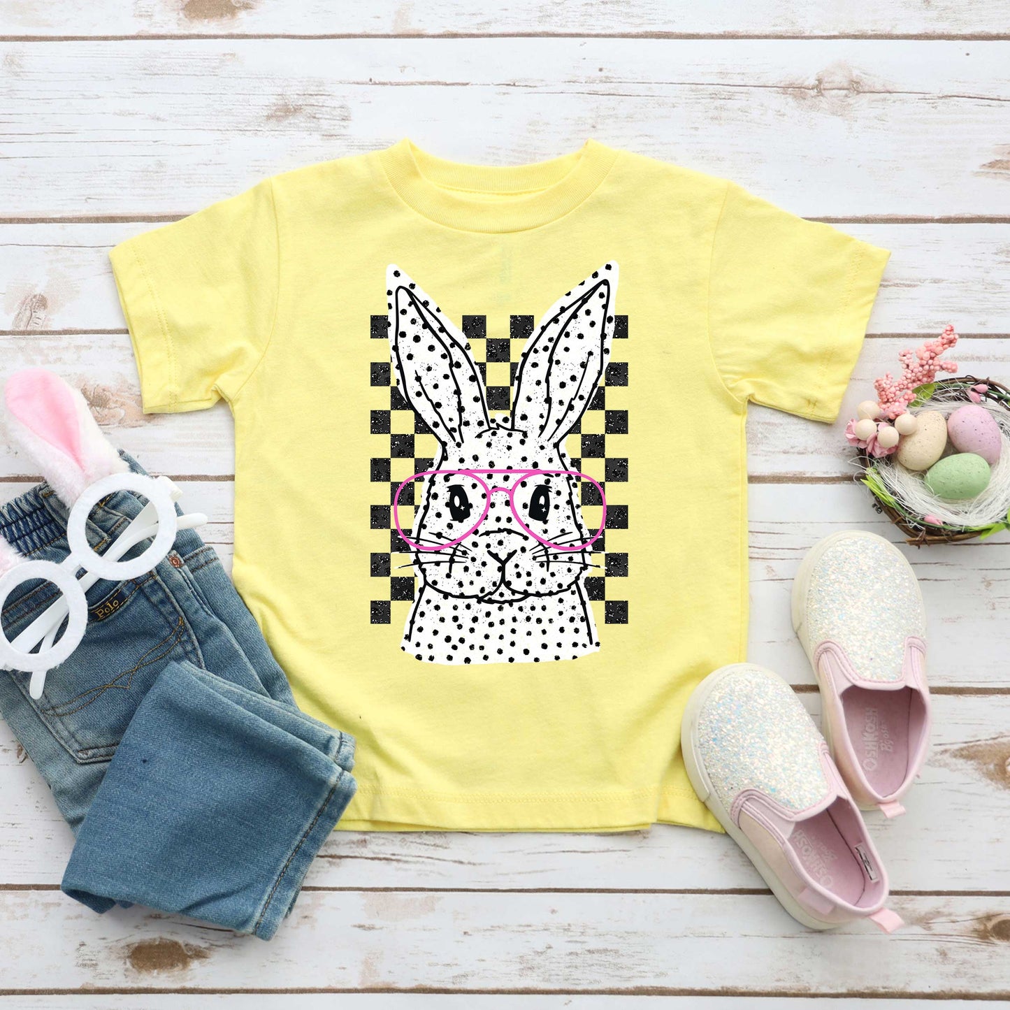 Spotted Bunny With Glasses | Toddler Short Sleeve Crew Neck