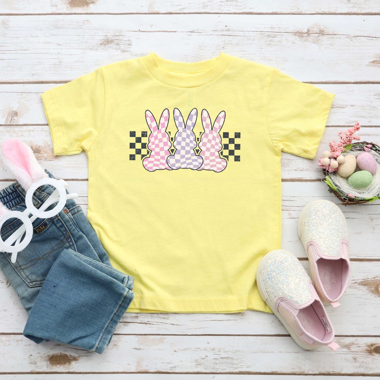 Checkered Triple Bunnies | Toddler Short Sleeve Crew Neck