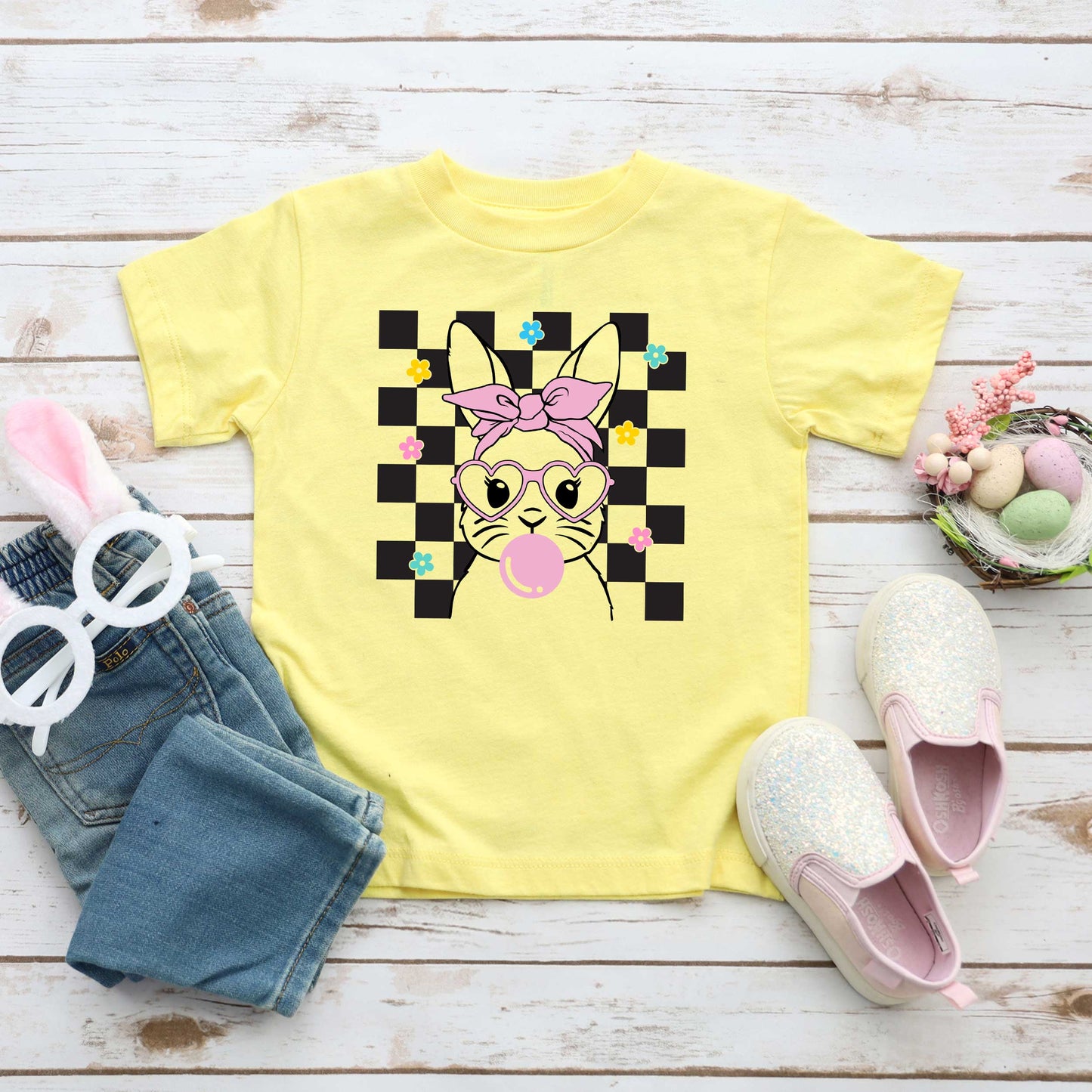 Checkered Groovy Bunny | Toddler Short Sleeve Crew Neck