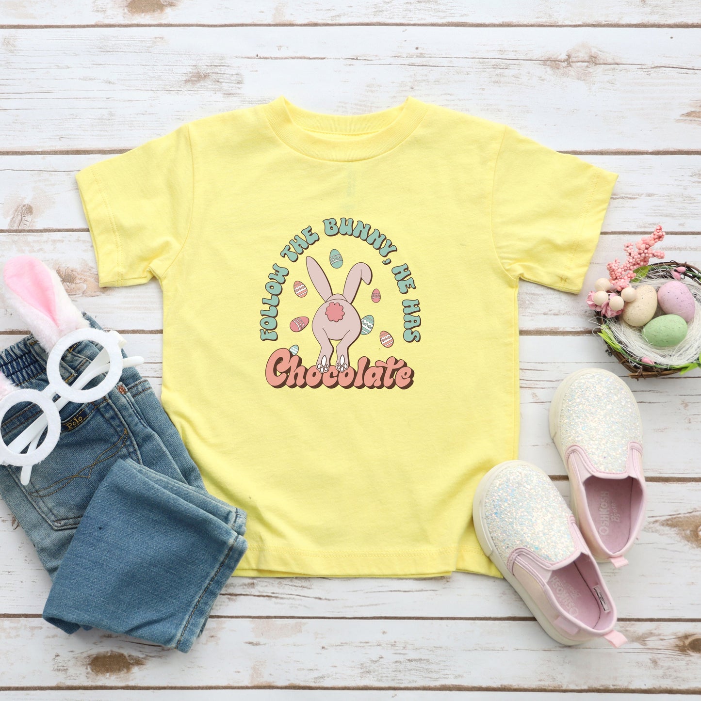 Follow The Bunny He Has Chocolate | Toddler Short Sleeve Crew Neck
