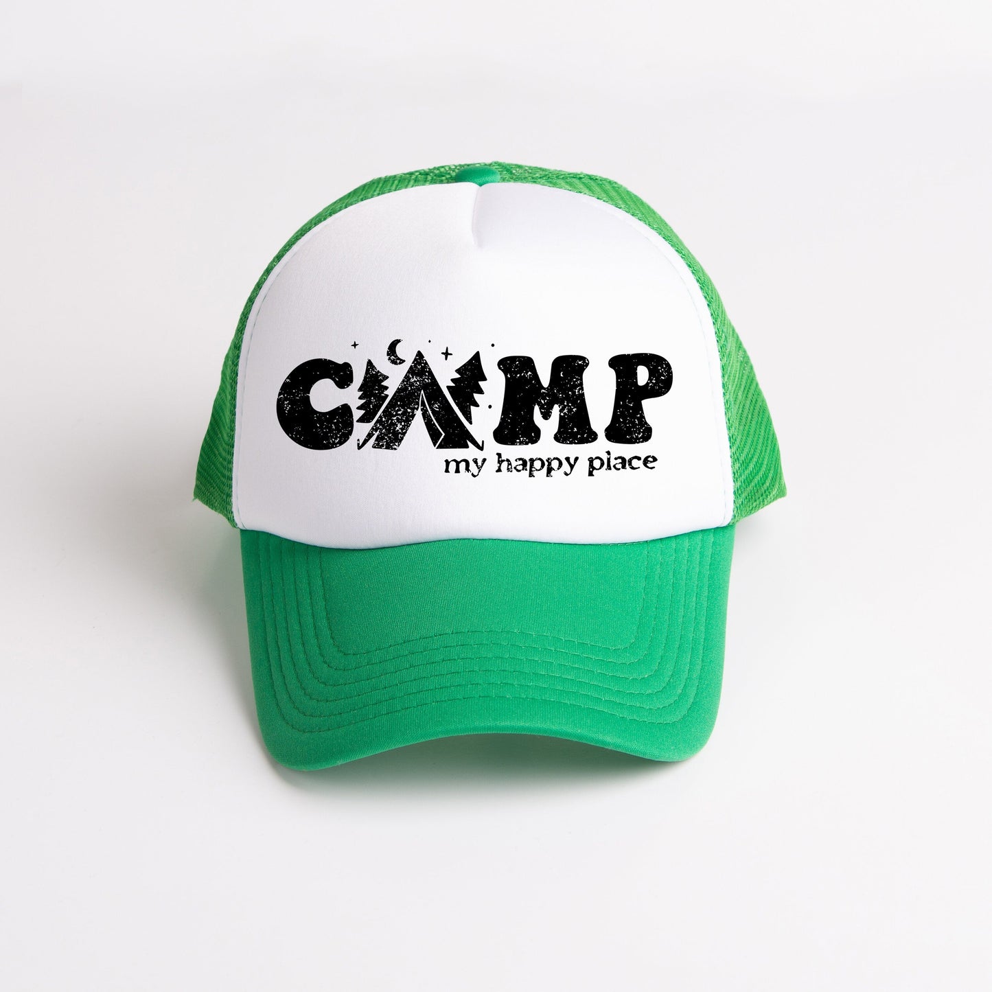 a green and white trucker hat that says camp my happy place