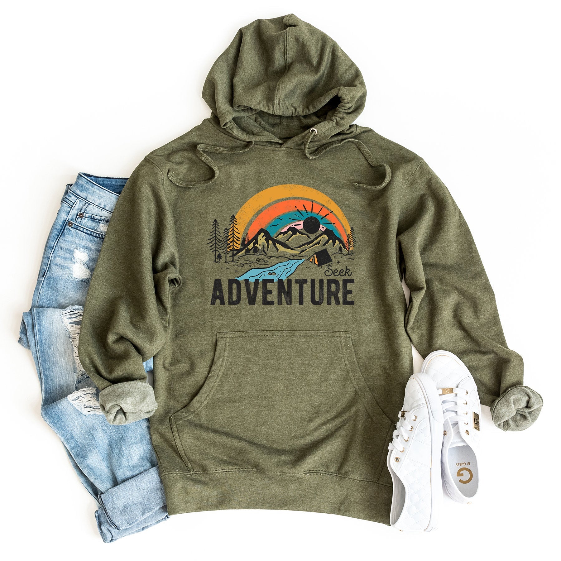 a green hoodie with the words adventure on it