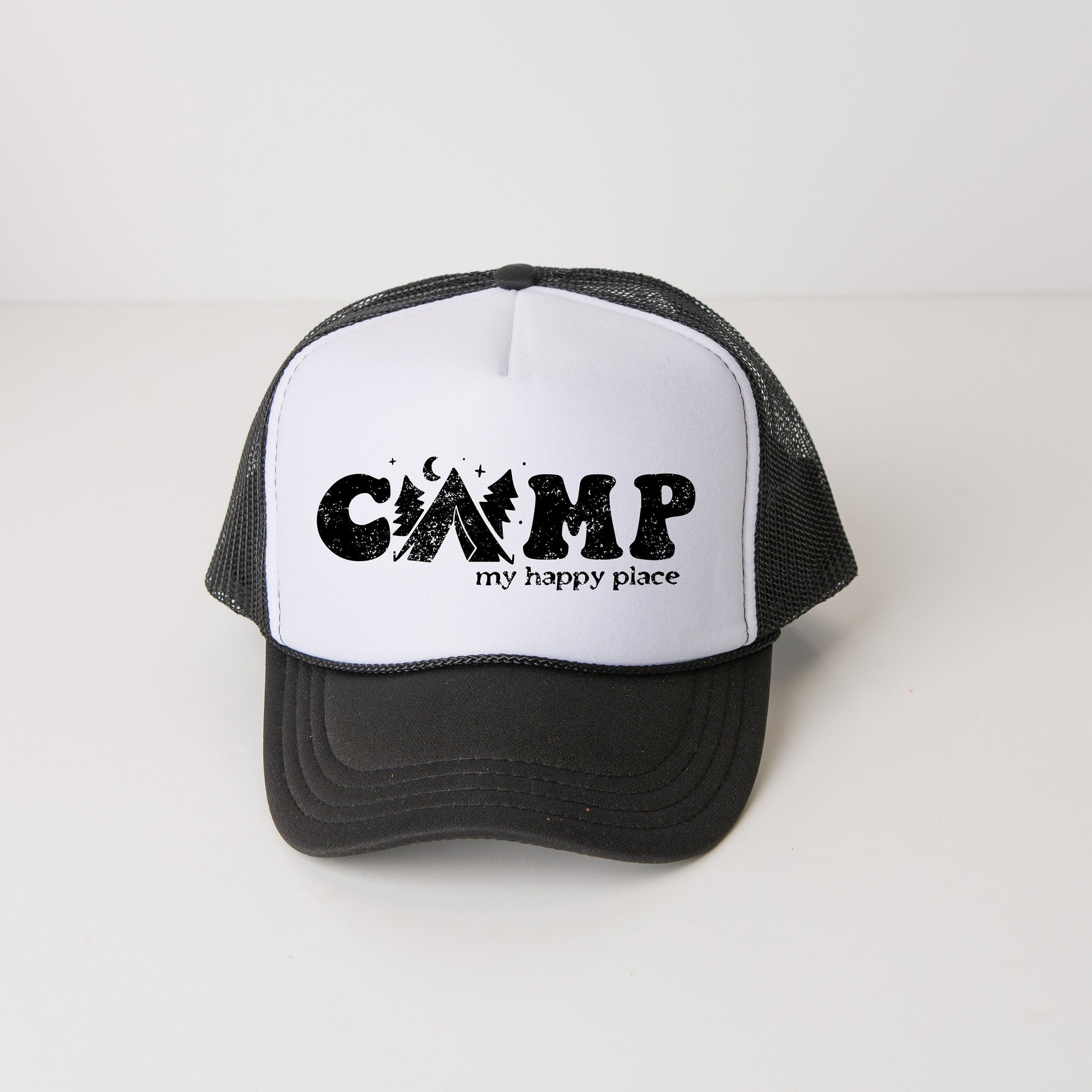 a black and white trucker hat that says camp my happy place