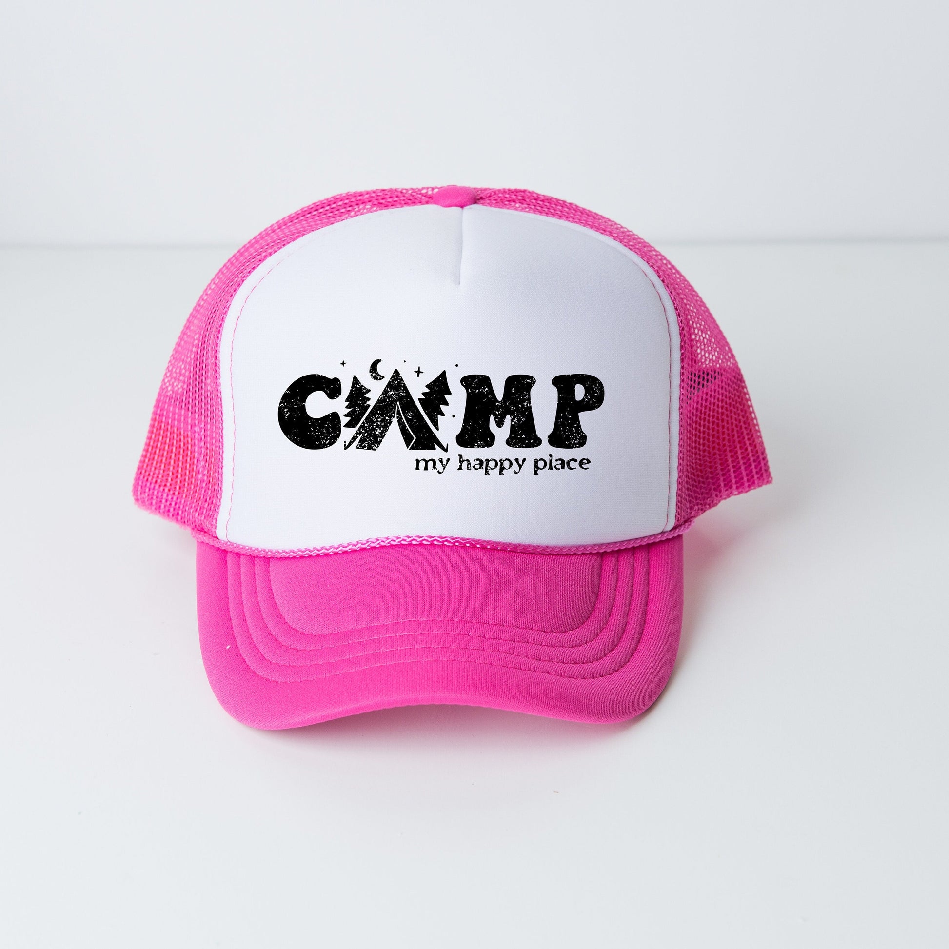 a pink and white trucker hat that says camp my happy place