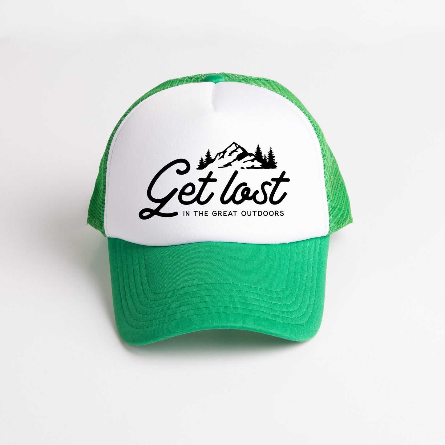 a green and white hat with the words get lost on it