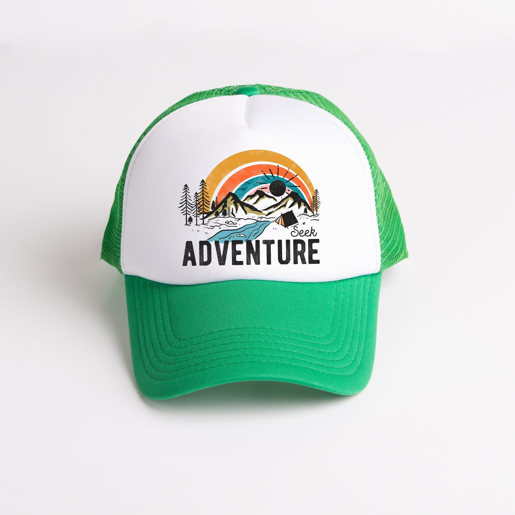 a green and white hat with the words adventure on it